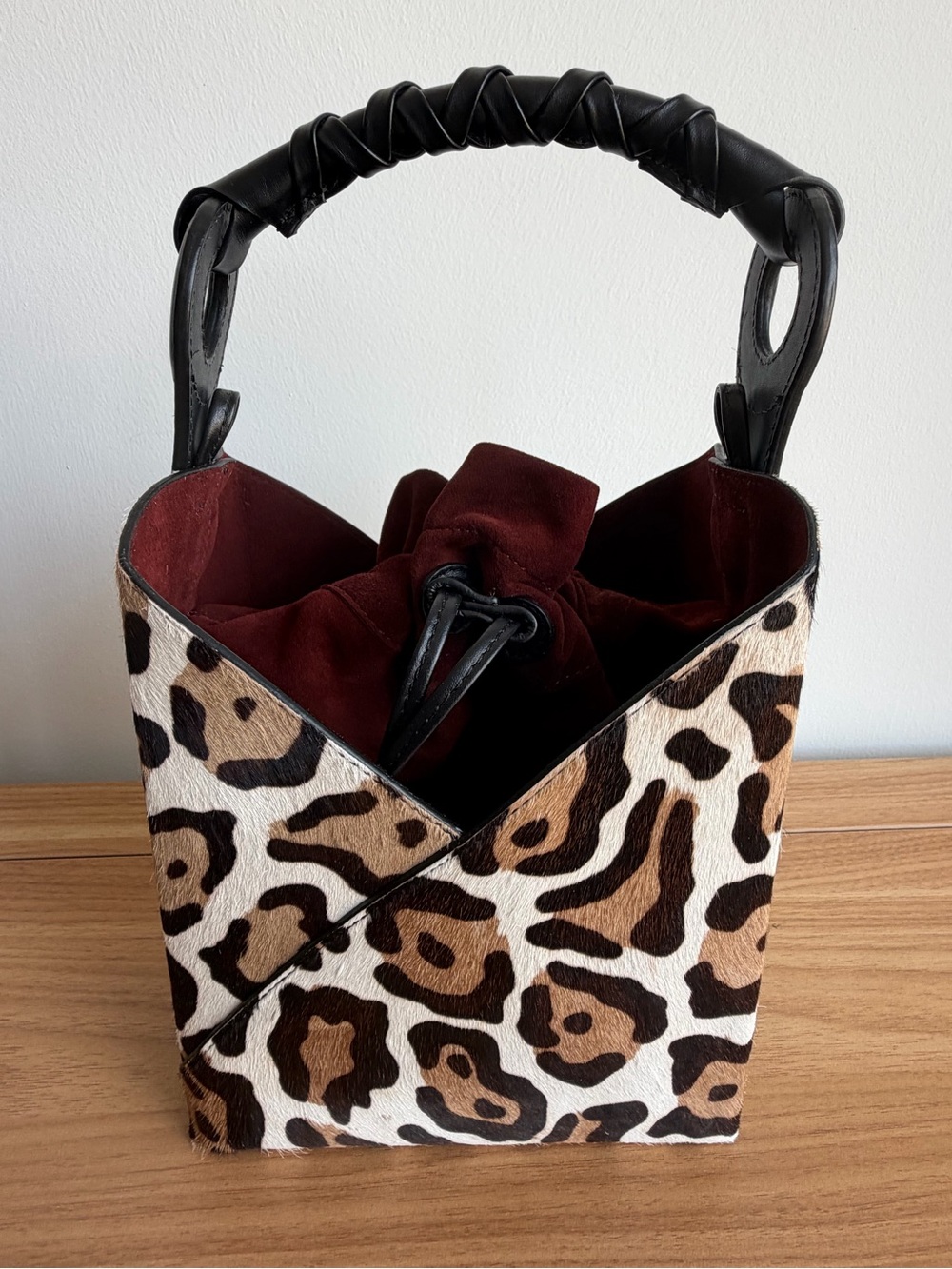 Leopard Print Bucket Tote with Brown Suede Drawstring